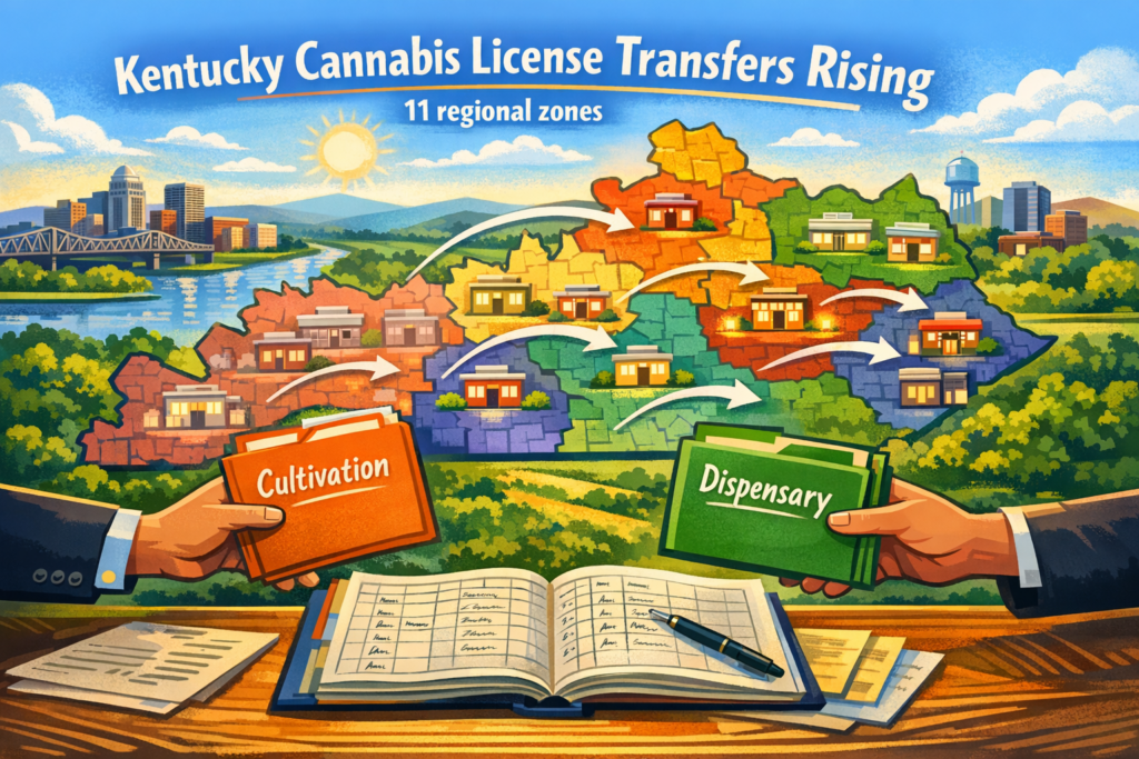 Kentucky medical cannabis licensing registry showing transfers and relocations across regional zones with dispensary storefront in central Kentucky