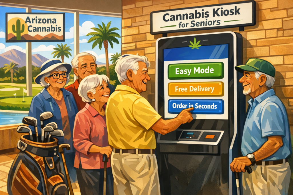 Senior residents using a cannabis ordering kiosk at an Arizona country club, Arizona cannabis retail August 2026 launch scene.
