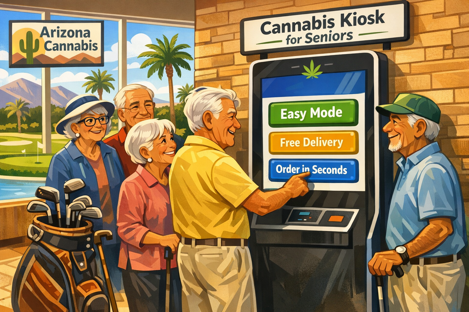 Senior residents using a cannabis ordering kiosk at an Arizona country club, Arizona cannabis retail August 2026 launch scene.