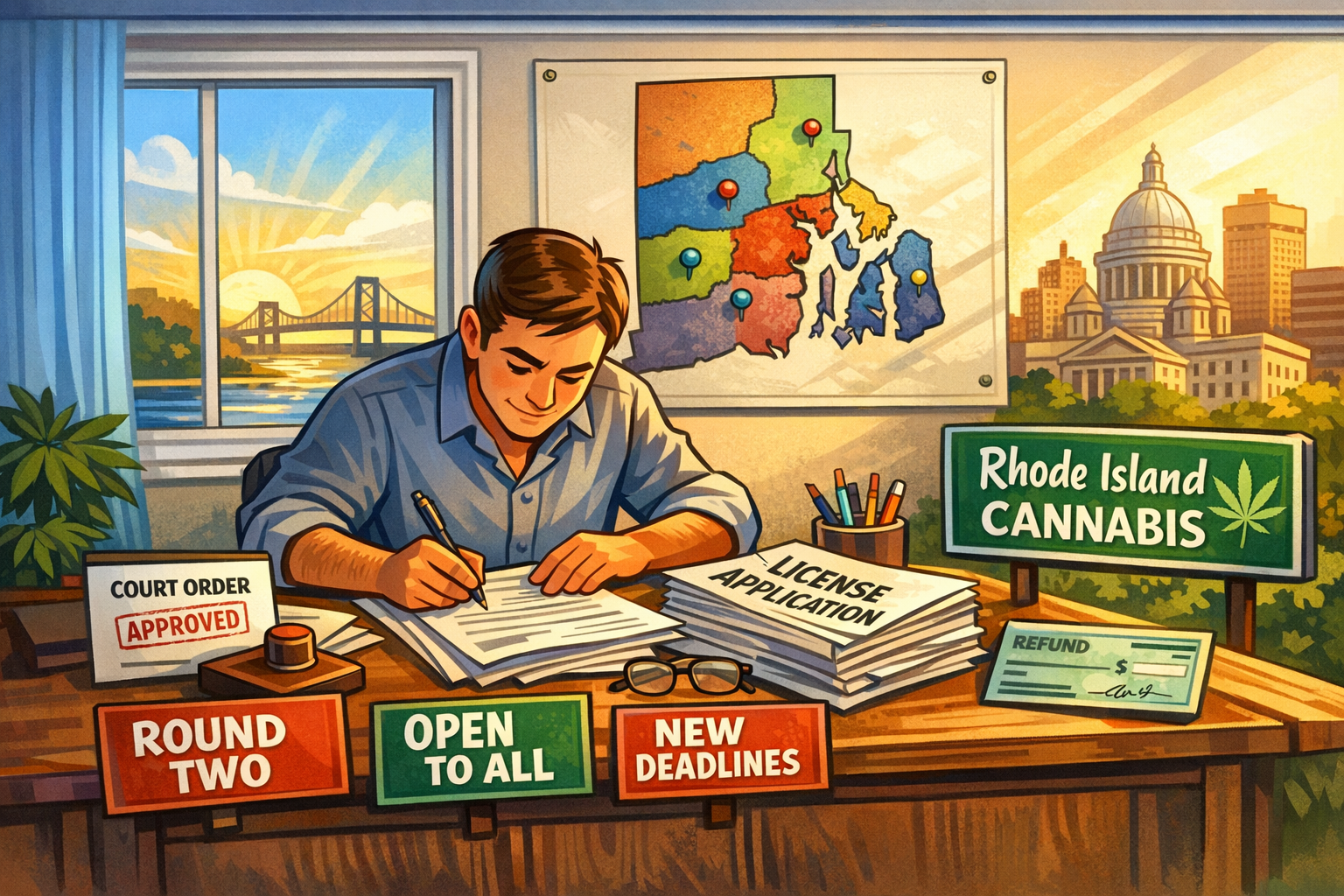 Cannabis license application documents on a desk with Rhode Island state map, Rhode Island cannabis retail licensing reopens August 2026.