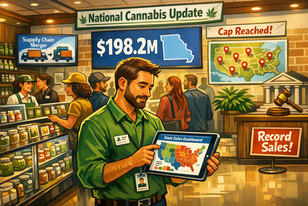 August 2026 cannabis state updates map showing Florida Illinois Michigan Minnesota Ohio market activity
