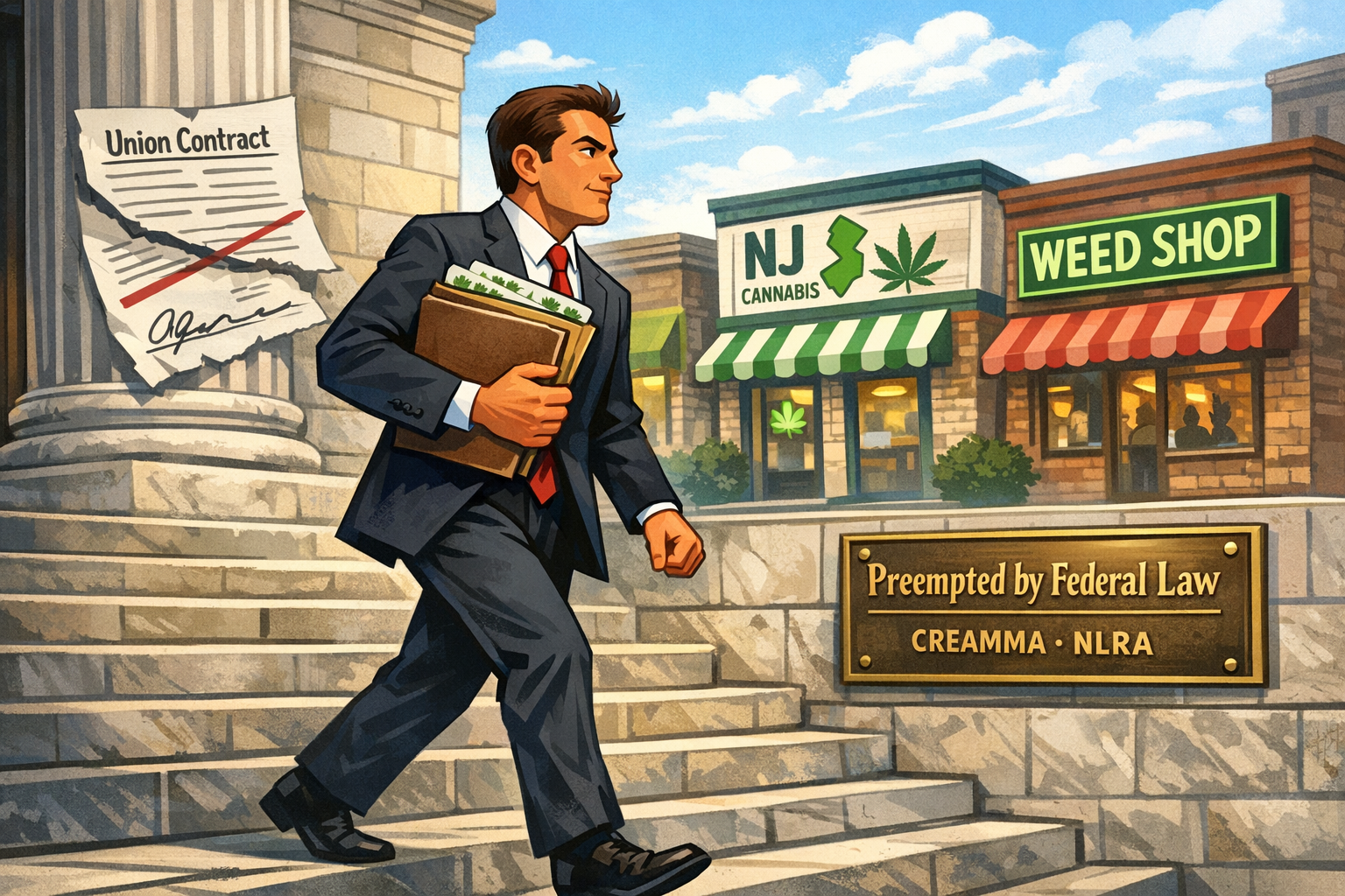 Federal courthouse steps with cannabis license documents and union contract, New Jersey cannabis labor peace ruling reshaping the state market