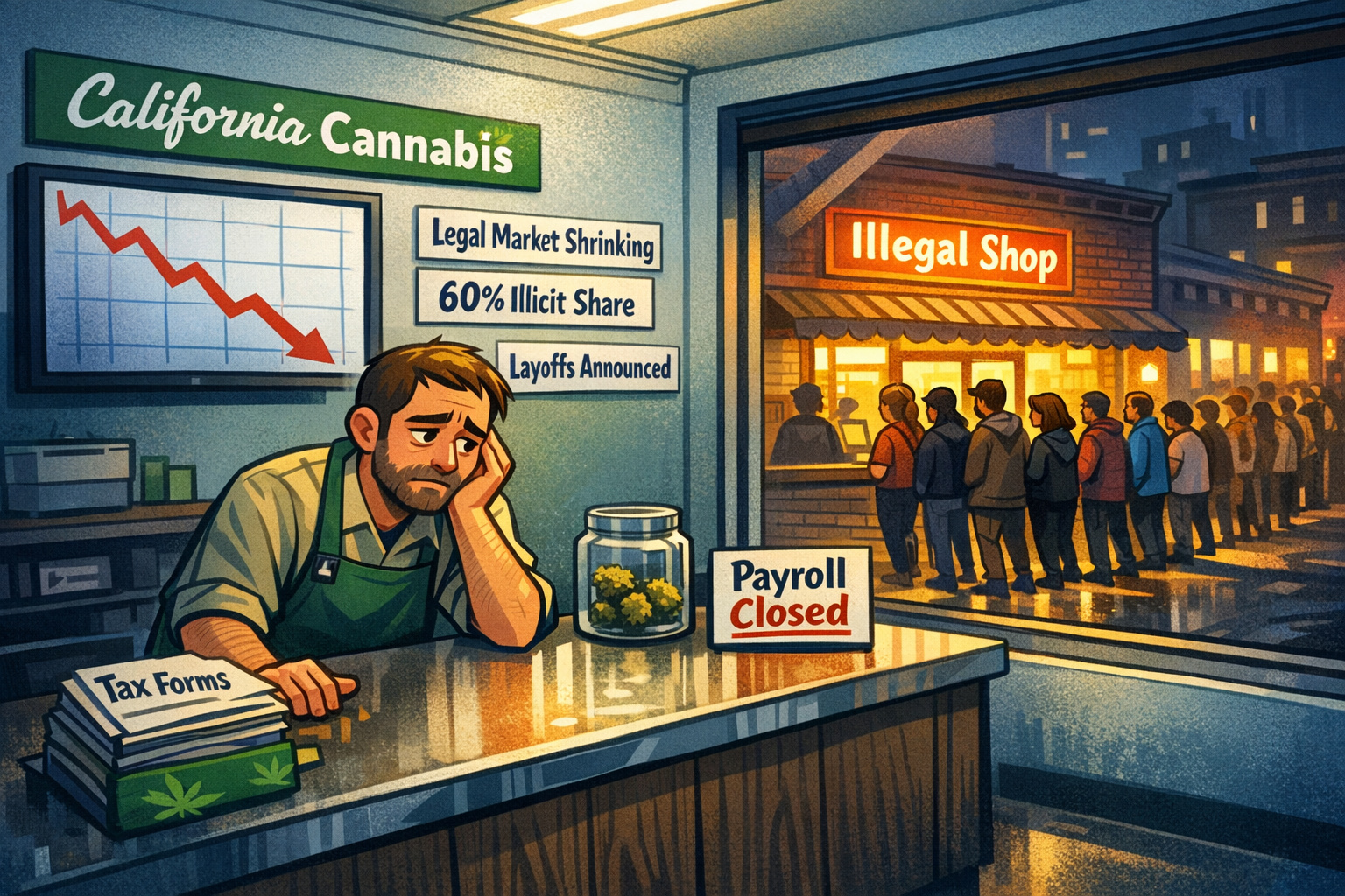 Empty California dispensary counter with shrinking sales chart in the background, California cannabis retail August 2026 market pressure scene.