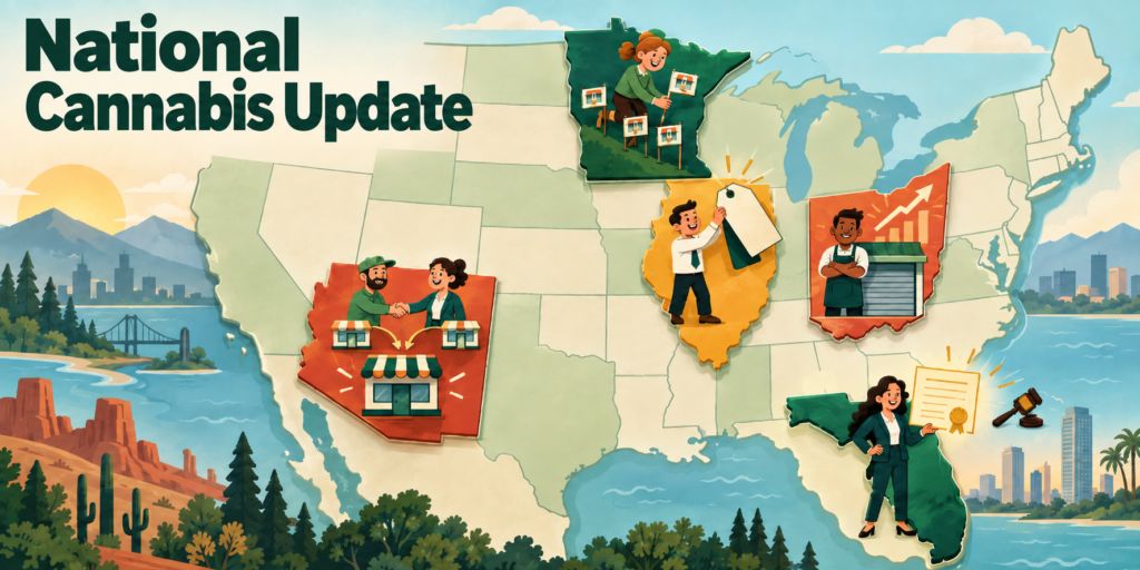 September 2026 cannabis state launches map showing active dispensary markets across the US