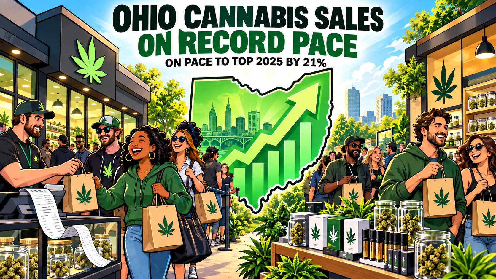 Ohio dispensary counter with customers browsing flower jars, sales chart trending upward on wall, Ohio cannabis retail market growth September 2026.