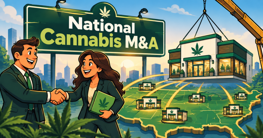September 2026 cannabis M&A deal activity map showing Curaleaf and Vireo acquisition targets nationwide