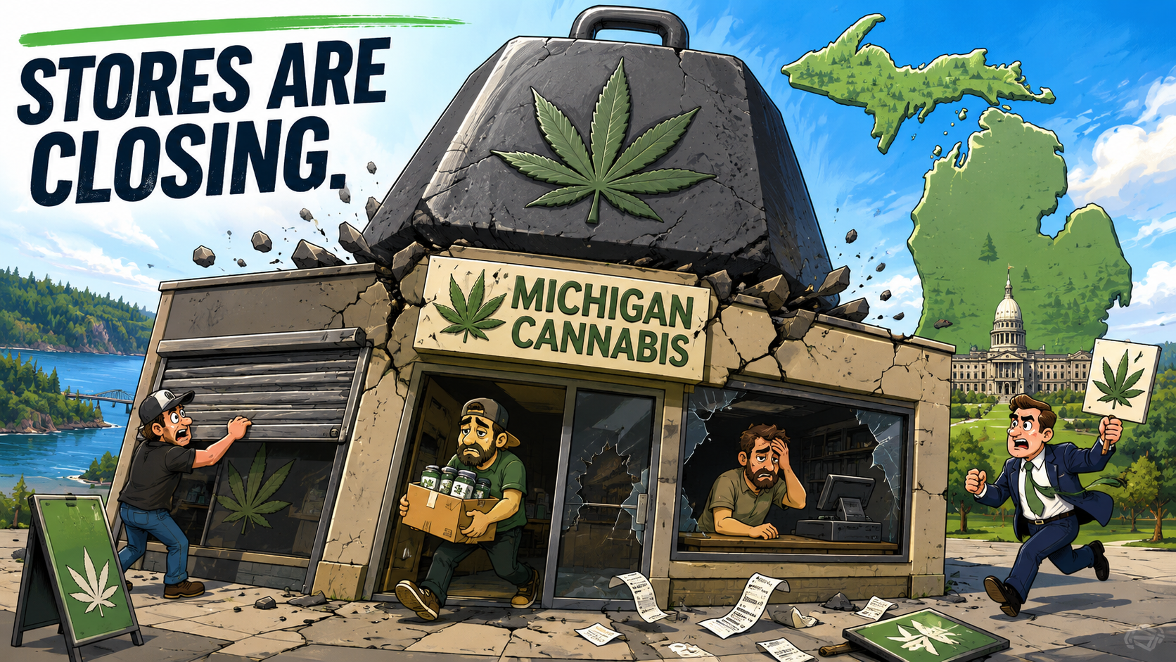Shuttered rural dispensary storefront with tax paperwork and empty shelves illustrating Michigan cannabis wholesale tax 2026 contraction