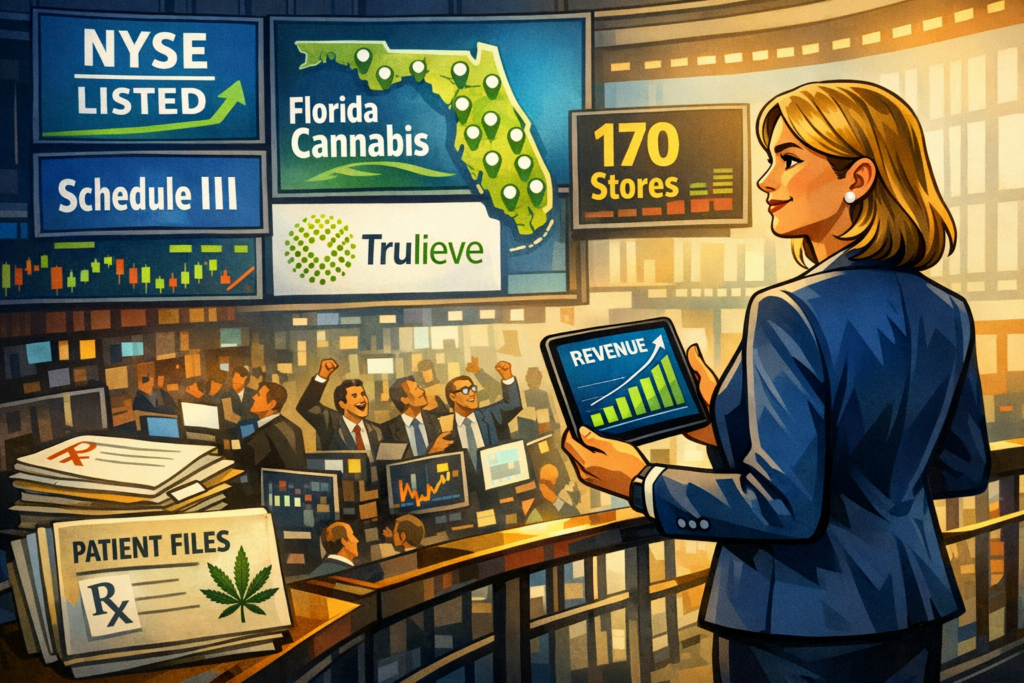 Florida cannabis retail September 2026 scene showing a busy dispensary counter with patients and staff in a bright modern storefront
