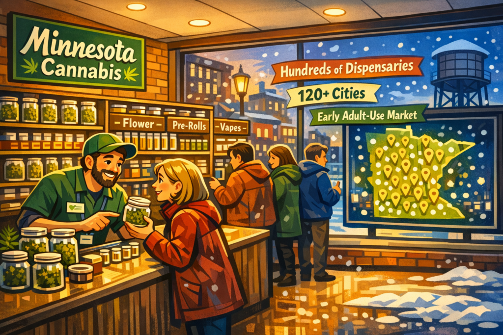 Interior of a busy Minnesota dispensary with product shelves and customers at the counter, Minnesota cannabis retail September 2026 growth.