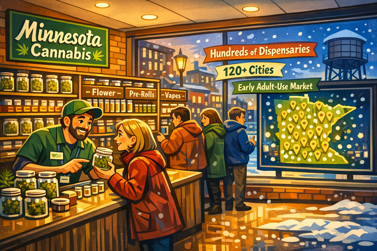 Interior of a busy Minnesota dispensary with product shelves and customers at the counter, Minnesota cannabis retail September 2026 growth.