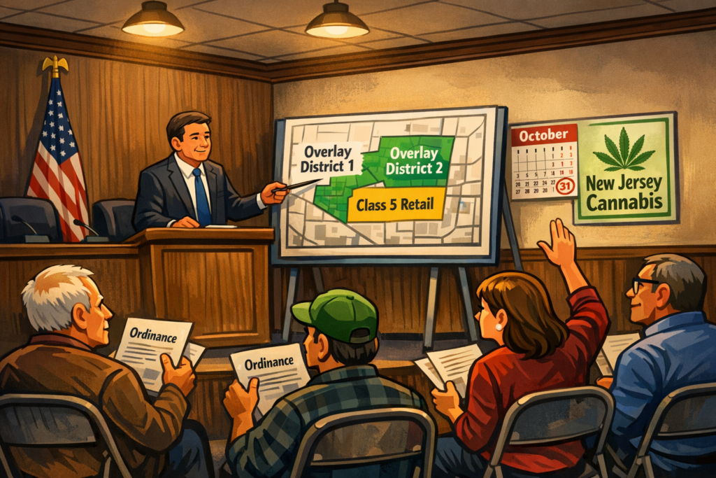 Township meeting room with cannabis overlay zone map on display, illustrating New Jersey cannabis licensing September 2026 activity.
