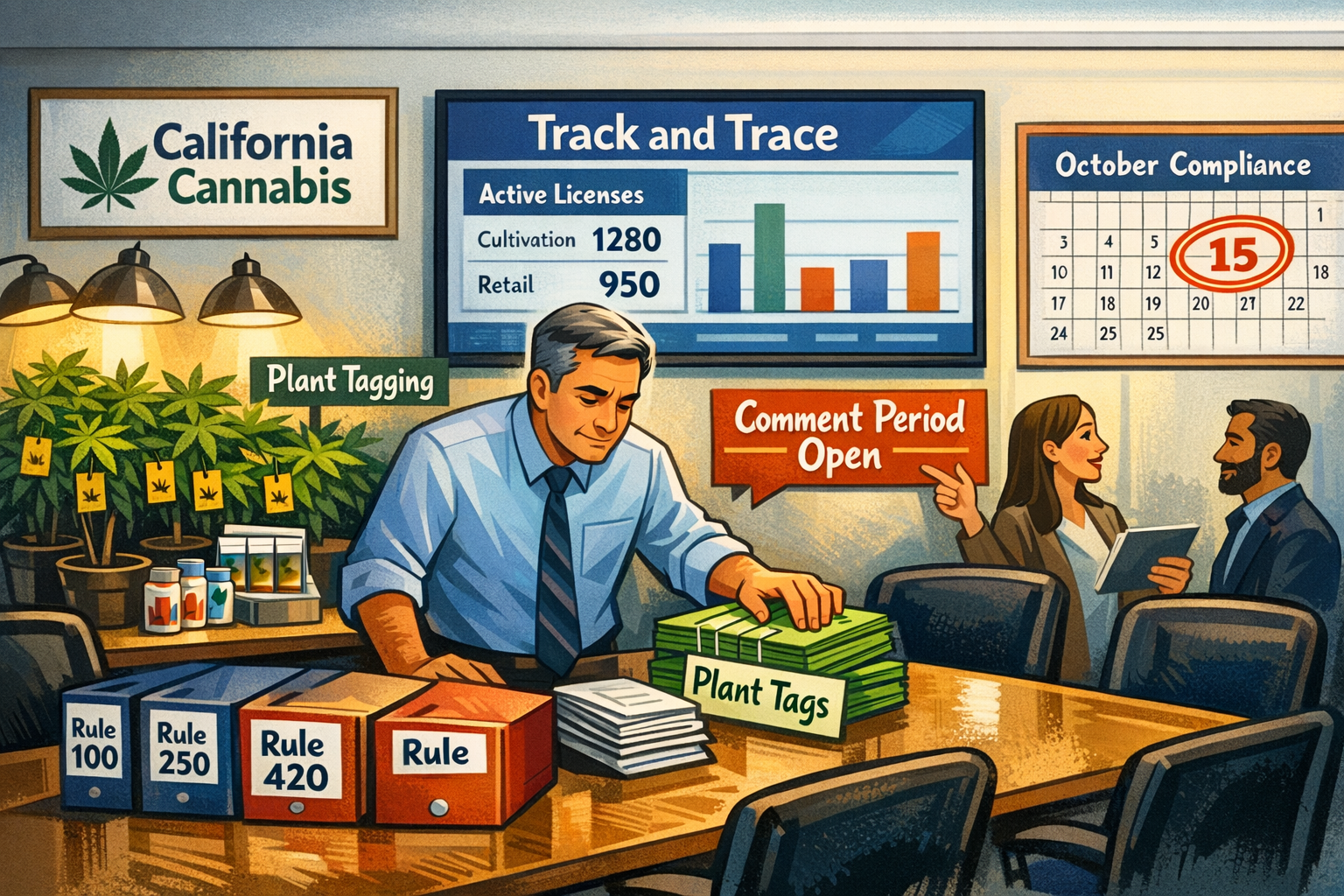 Cannabis retail counter with tagged plants and compliance paperwork illustrating California cannabis retail September 2026 rulemaking activity.
