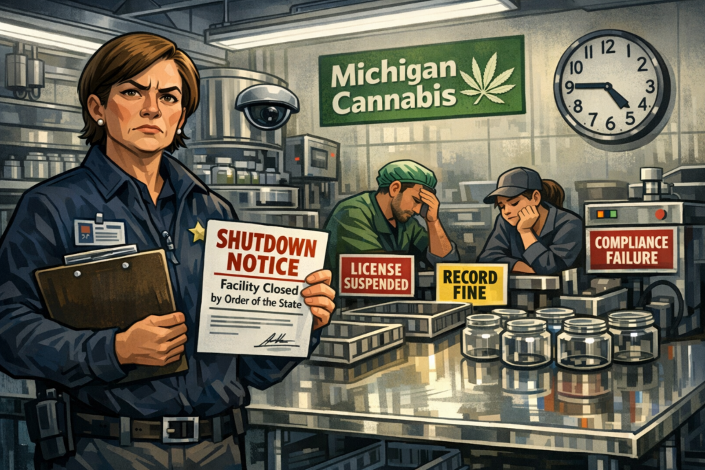 Michigan dispensary storefront with regulatory notice posted on the door, illustrating Michigan cannabis enforcement September 2026 actions.