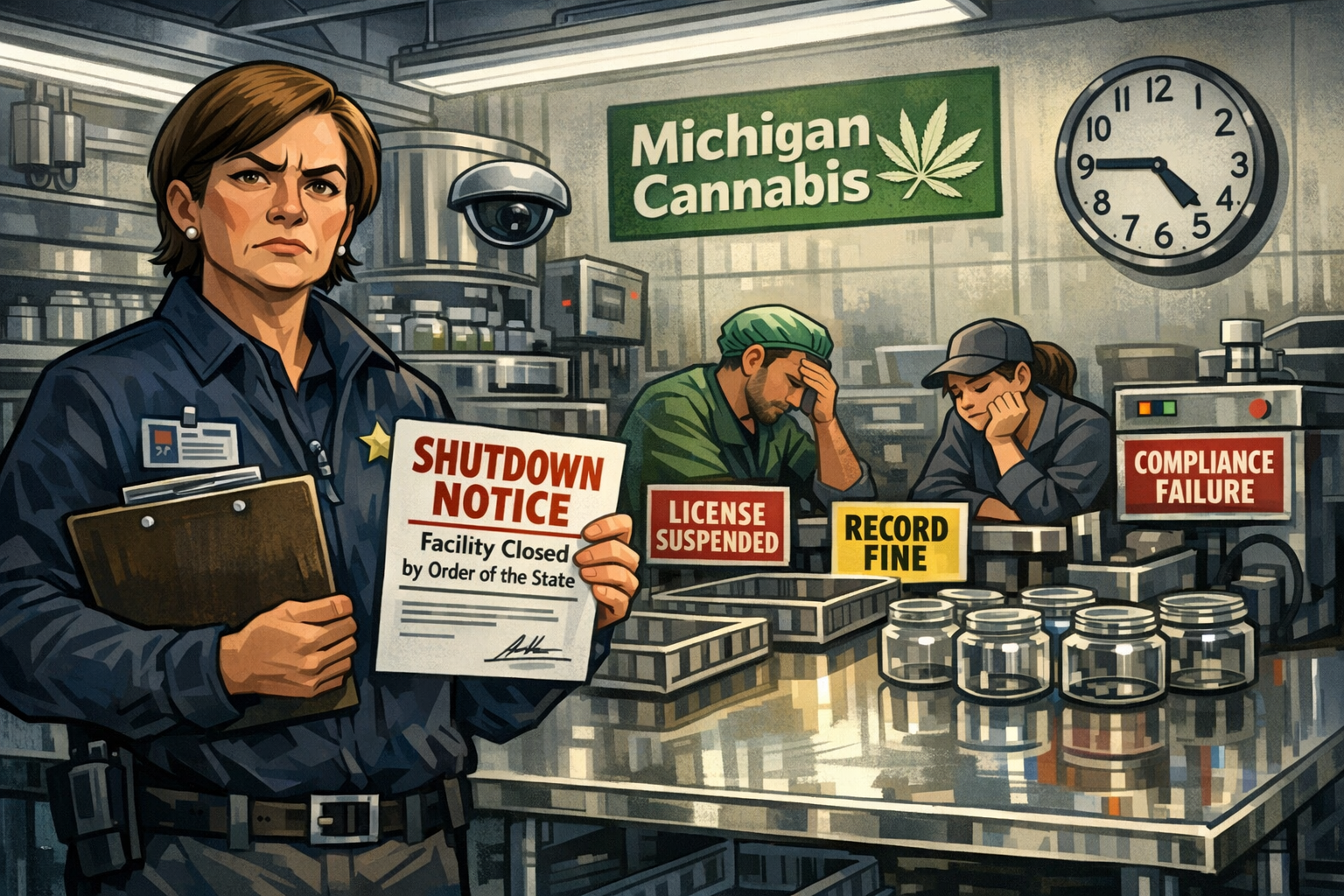Michigan dispensary storefront with regulatory notice posted on the door, illustrating Michigan cannabis enforcement September 2026 actions.