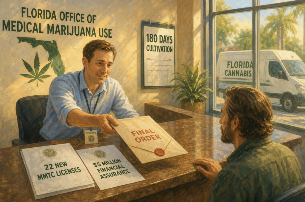 Medical cannabis dispensary signage being removed under new Florida cannabis marketing rules restricting celebrity endorsements and roadside ads.