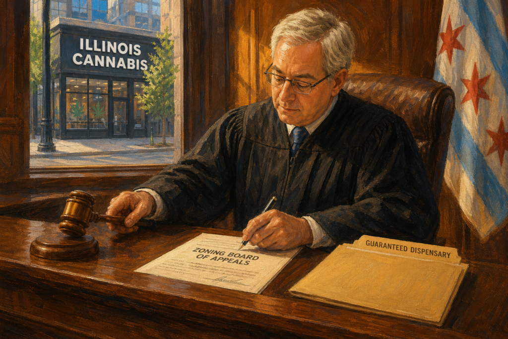 Judge at a bench reviewing zoning papers, Chicago dispensary storefront nearby, an Illinois cannabis dispensary ruling