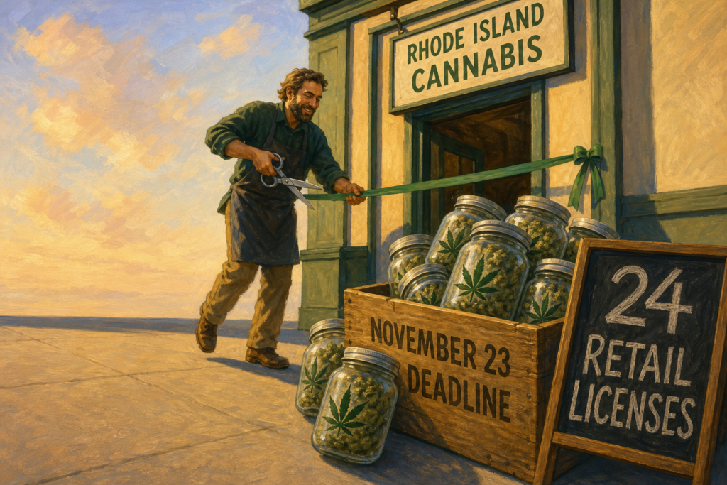 Retailer reviewing adult-use application papers by a November deadline calendar, Rhode Island cannabis retail licensing