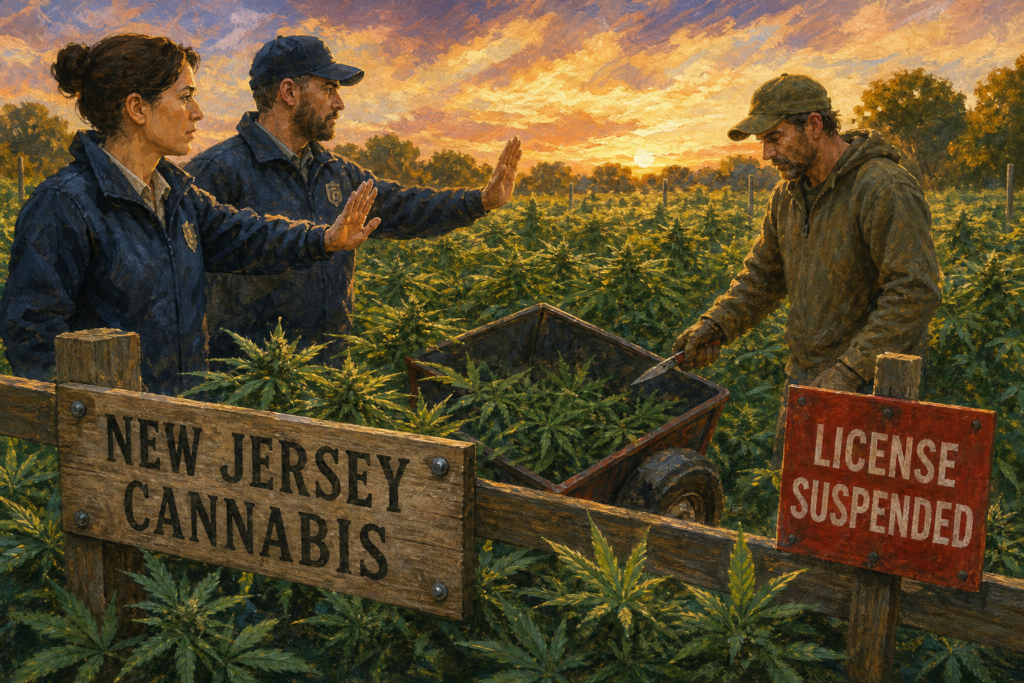 Regulators halting work at an outdoor cannabis grow site, New Jersey cannabis license suspension enforcement in action.