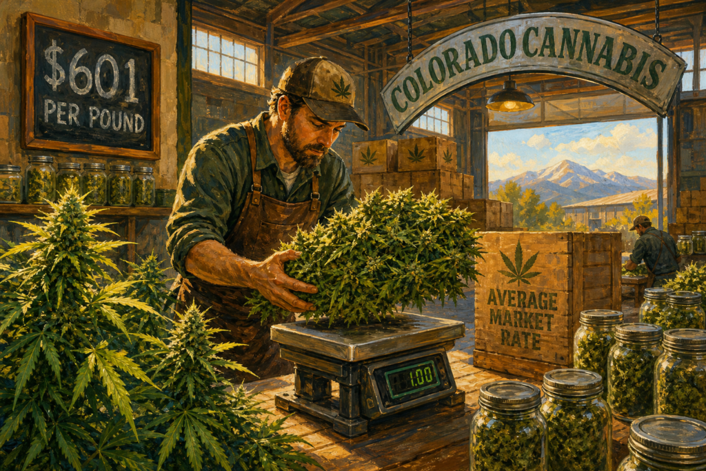 Worker weighs bundled cannabis flower on a scale at a cultivation facility, Colorado cannabis average market rate tags nearby