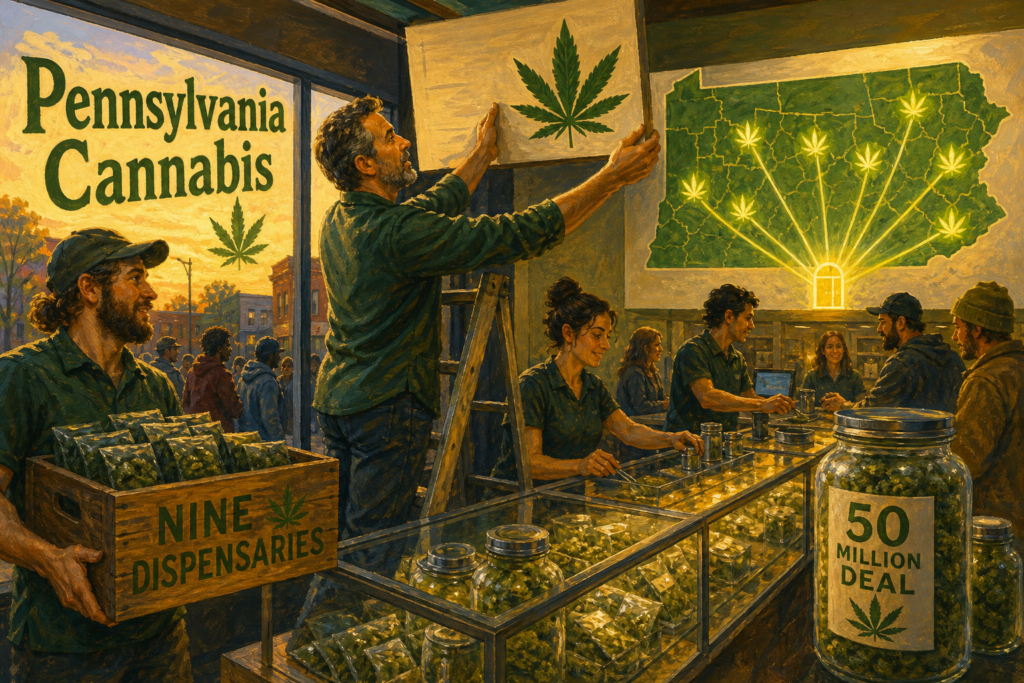 Executive signs closing documents inside a Pennsylvania medical marijuana dispensary, Cresco cannabis acquisition 2026 deal