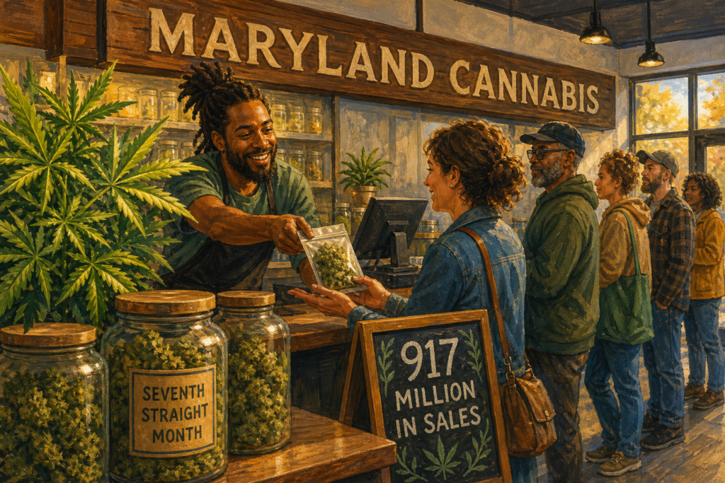 Regulatory official reviewing stacked cannabis rulebooks at a state office, Maryland cannabis regulations 2026 taking effect