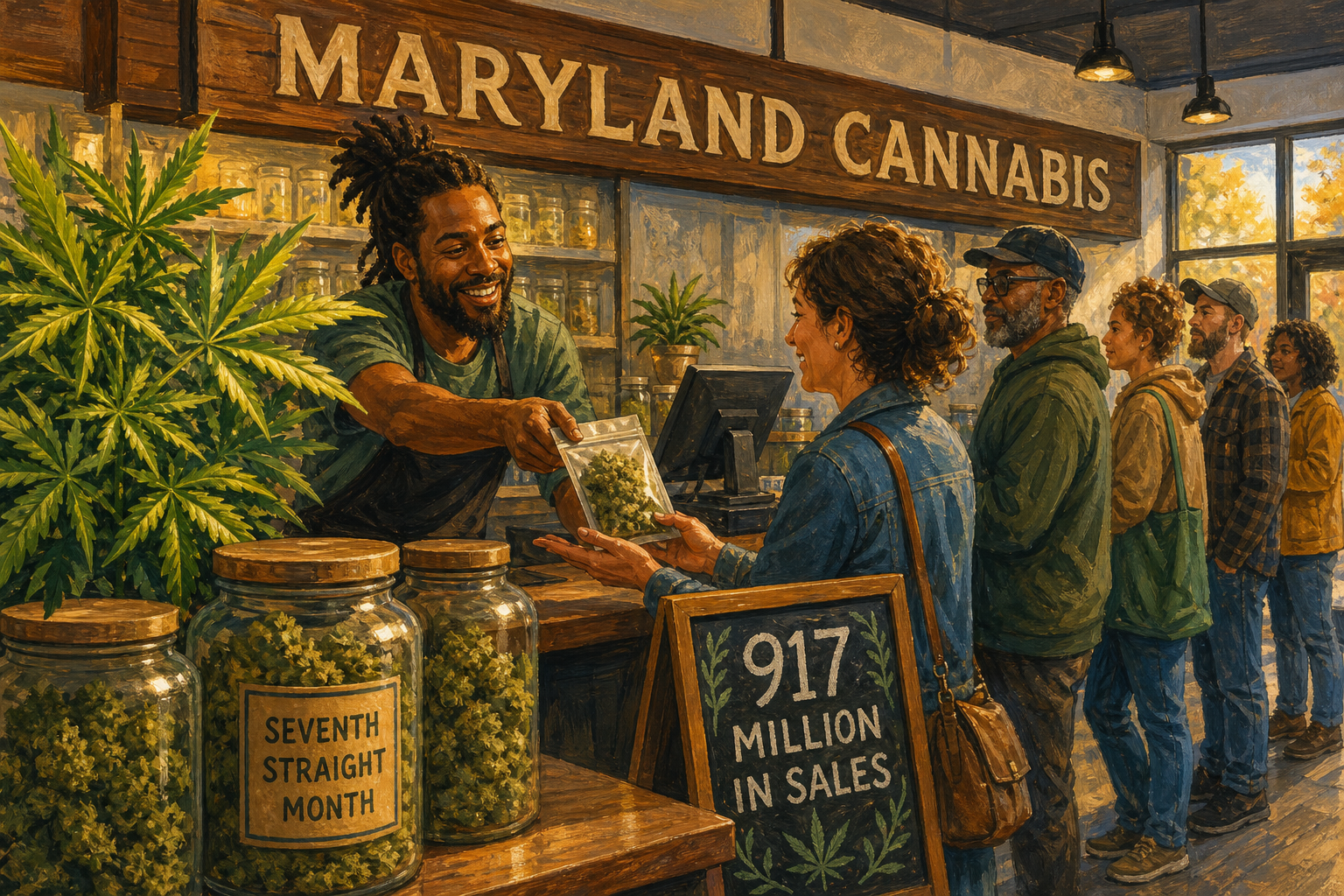 Regulatory official reviewing stacked cannabis rulebooks at a state office, Maryland cannabis regulations 2026 taking effect