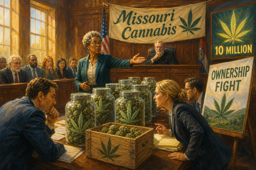 A jury foreperson reads a verdict in a courtroom with license files on the table in a Missouri cannabis ownership fight