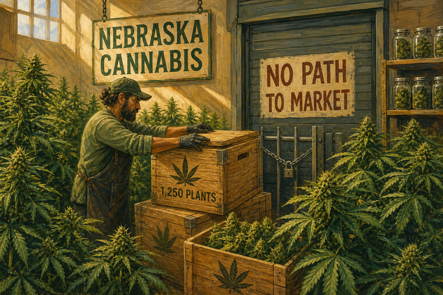 Cannabis grower standing among plants awaiting their first harvest with nowhere to ship them, Nebraska medical cannabis licensing stalled